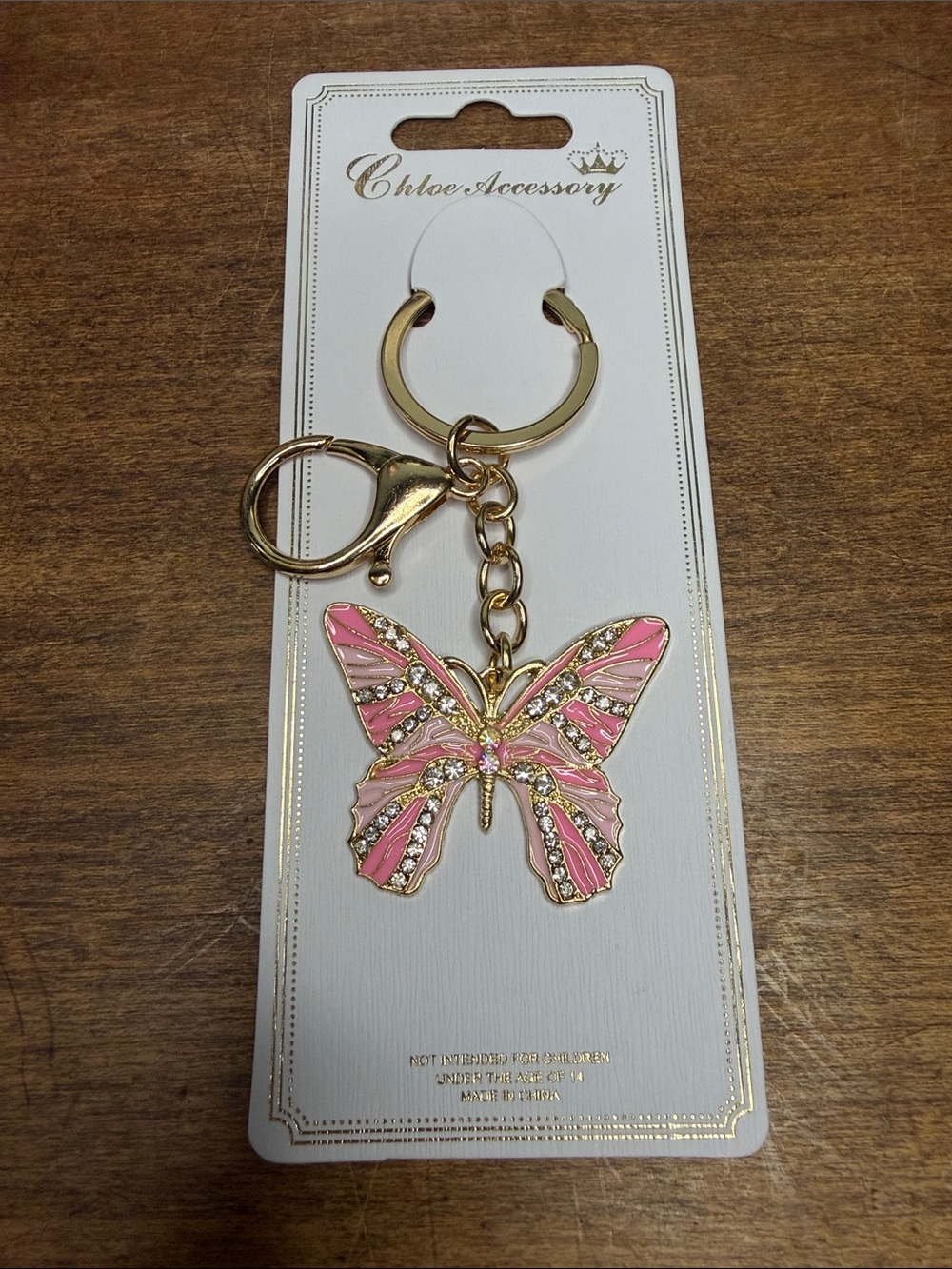 Pink and Rhinstone Butterfly Keychain Bag Charm with Gold Hardware